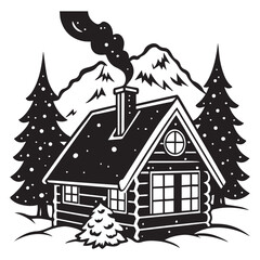 Cozy Cabin in Snowy Mountains A Black and White Winter Illustration