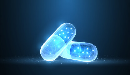 Pills. Abstract 3d polygonal wireframe two capsule pills on blue background with dots and stars.