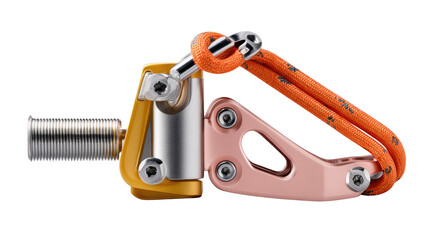 Naklejka premium Precision Engineered: A meticulously crafted metal mechanism, showcasing intricate design and functionality, against a clear backdrop. It's a study in engineering excellence.