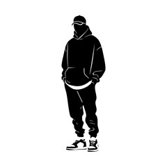 Silhouette vector logo of a man in hoodie, cap, and sneakers, representing modern streetwear, youth fashion, and urban style branding.

