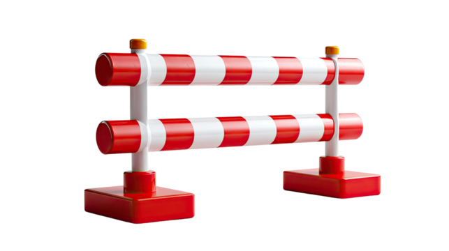 Red and White Barrier: A miniature red and white striped barrier, a symbol of caution and control, isolated against a pure white background.