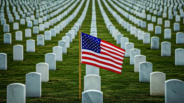 An American flag flies in memory of the fallen among headstones at a military cemetery.