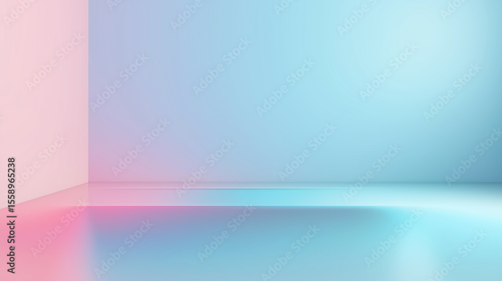 Poster Soft pastel gradient background blending pink and blue creates serene and calming atmosphere in minimalistic room with reflective surfaces