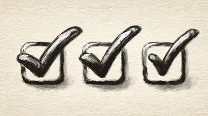 sketched checkbox trio with bold checkmarks, black ink on clean white, cartoonish but professional look for planner and UI design