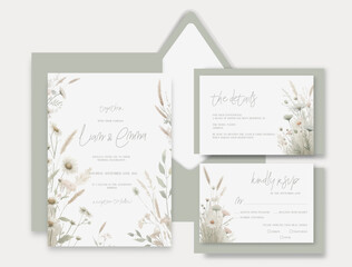 Luxury watercolor wedding invitation with hand drawn wild flowers and botanical leaves.