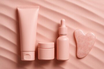 Elegant and Stylish Pink Skincare Products and Tools Displayed on a Wavy Surface Design