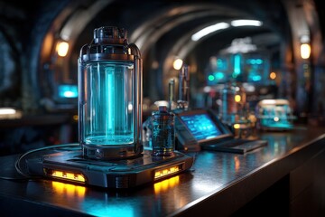 Futuristic laboratory with glowing equipment and advanced technology during evening hours