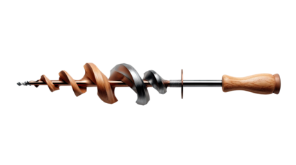 Wood Auger Drill Bit: A meticulously crafted close-up shot of a classic wood auger drill bit, showcasing its spiral design and sharp cutting edge, set against a plain background.