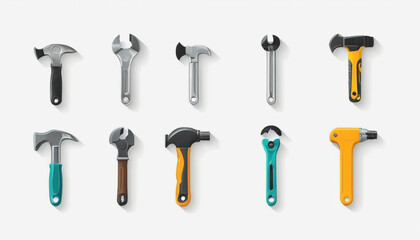Fototapeta premium Selection of wrenches and hammers arrayed against a white background offers tool solutions for various home improvement projects.