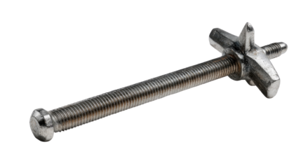 Metal Toggle Bolt: A sturdy, silver metal toggle bolt with a threaded shaft and a star-shaped toggle. Ideal for fastening materials in hollow structures.