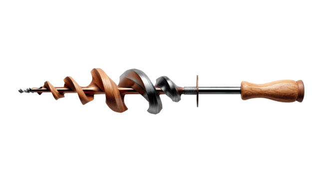 Wood Auger Drill Bit: A meticulously crafted close-up shot of a classic wood auger drill bit, showcasing its spiral design and sharp cutting edge, set against a plain background.