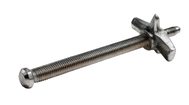 Metal Toggle Bolt: A sturdy, silver metal toggle bolt with a threaded shaft and a star-shaped toggle. Ideal for fastening materials in hollow structures.