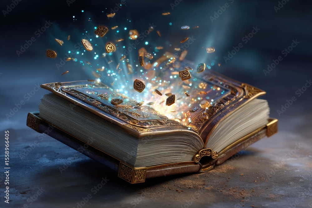 Poster magical book releasing shimmering light and floating particles in a mystical environment at dusk