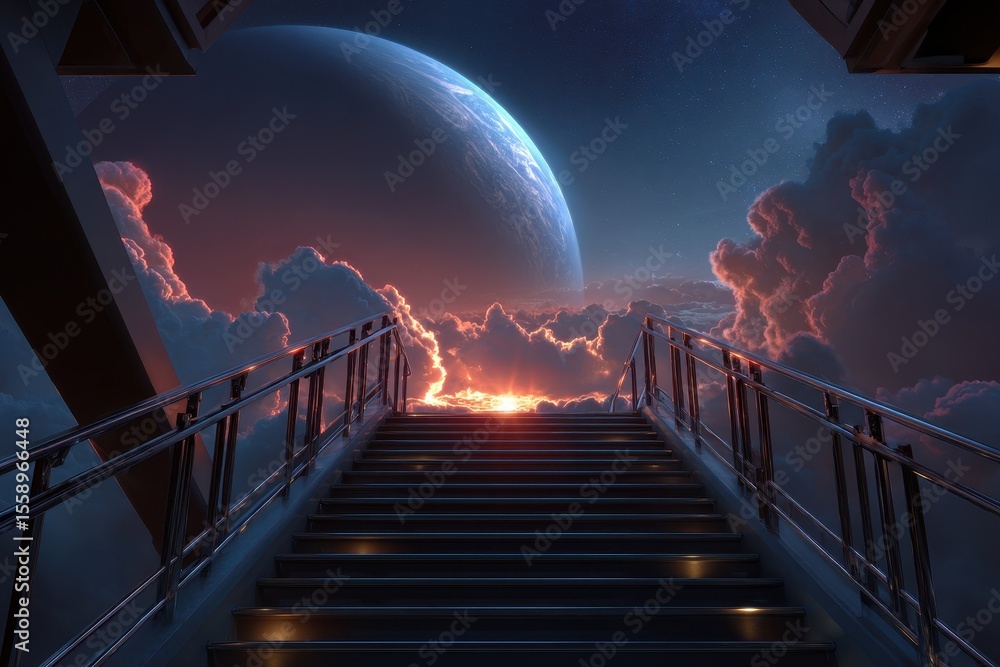 Poster staircase leading to a cosmic view with a planet and clouds at sunset in an otherworldly setting