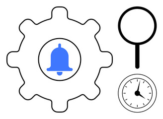 Gear with blue bell inside, magnifying glass, and clock illustrating alerts, focus, time management. Ideal for productivity, organization, efficiency plans reminders systems simplicity. Modern