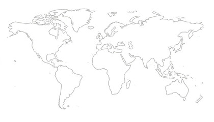 Outline of the world map shows continents and oceans for geography and travel concepts with simple design.