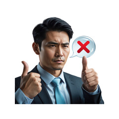 Businessman Giving Thumbs Up with Rejection Symbol