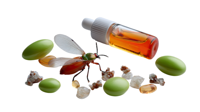 Insect Elixir: This photo depicts a stylized image of a vibrant, colorful insect adjacent to a small vial and pills, all artfully arranged to suggest an essence or elixir.