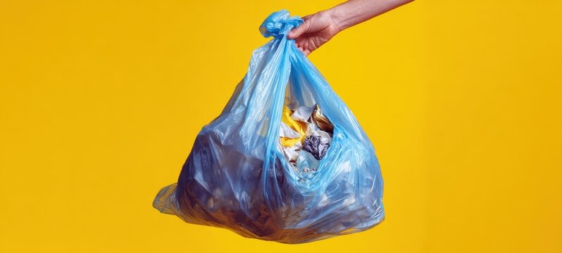 The blue plastic bag filled with waste held against a vibrant yellow background.