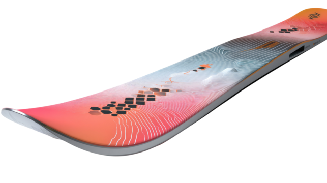 Snowboard: A vibrant, modern snowboard, angled to showcase its sleek design and colorful artwork, ready for adventure on snowy slopes and mountains. 