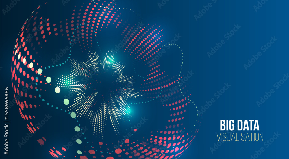 Poster Abstract 3D sphere made of colorful dots on a dark blue background, representing digital data flow and big data visualization technology.