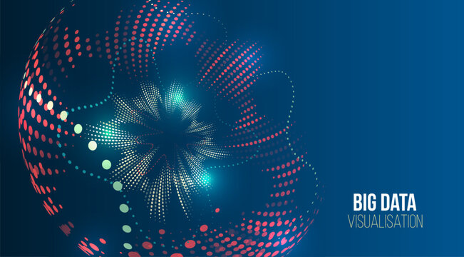 Abstract 3D sphere made of colorful dots on a dark blue background, representing digital data flow and big data visualization technology.