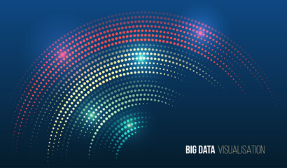 Colorful wave of circular data points on a dark blue background. Abstract visualization concept representing big data, analytics, digital flow, and modern technology.