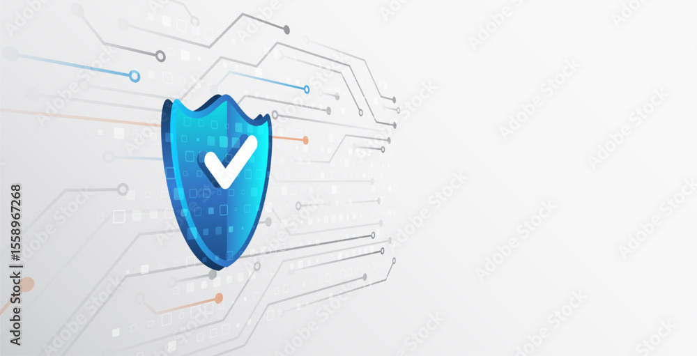 Aufkleber Modern cyber background with printed circuit board, blue shield on light hi-tech background. Symbolizes data protection, network security and digital reliability. Ideal for information security themes