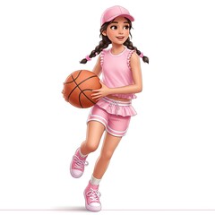 Young Girl Playing Basketball in Pink Outfit Digital Illustration