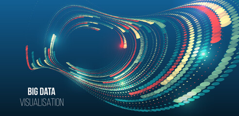Abstract visualization concept representing big data, analytics, digital flow, and modern technology. Colorful wave of circular data points on a dark blue background.