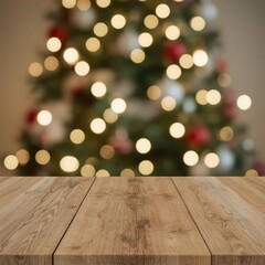     Rustic Wooden Table with Warm Natural Grain in Festive Christmas Background Featuring Bokeh Lights and Decorated Tree – Cozy Holiday Mockup Scene