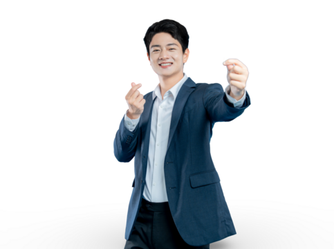  young professional in a suit makes a finger heart symbol with both hands, spreading love and goodwill. Isolated on PNG - Powered by Adobe
