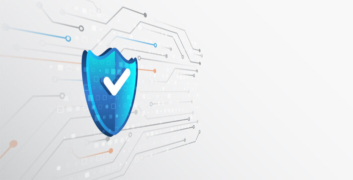 Modern cyber background with printed circuit board, blue shield on light hi-tech background. Symbolizes data protection, network security and digital reliability. Ideal for information security themes