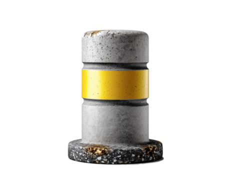 illustration of concrete pedestrian bollard with reflective stripe, rough texture, cylindrical shape, isolated on transparent background