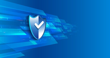 Digital shield on a blue background with stripes and binary symbols, symbolizing cybersecurity, data protection and a reliable information system. Modern, stylish, technological for presentations.