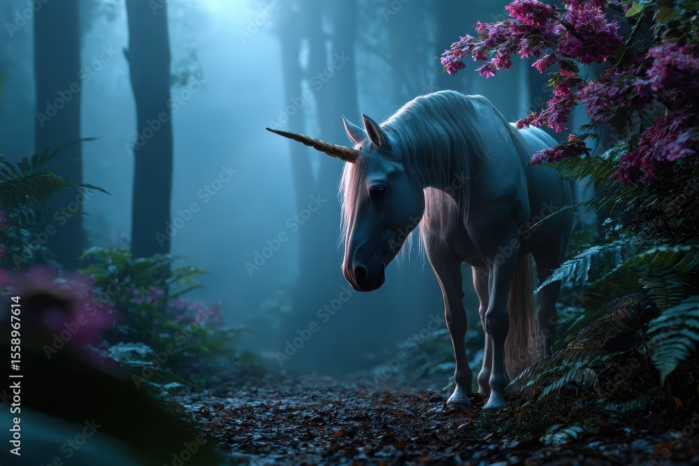 Poster mystical unicorn wandering through enchanted forest illuminated by soft twilight glow