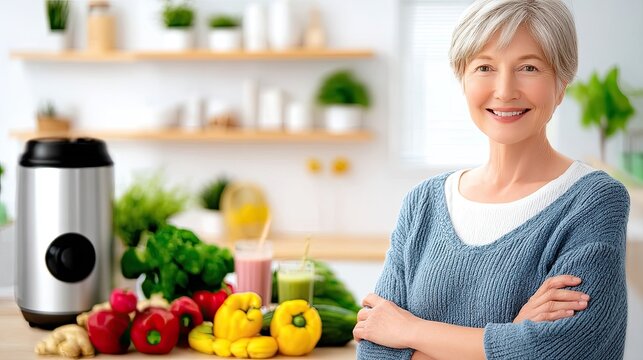 Smiling Senior Woman Preparing Healthy Smoothie in Kitchen - Powered by Adobe