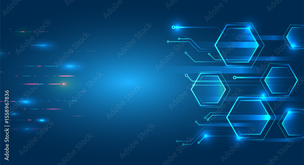 Poster Geometric futuristic concept. Abstract technological background consisting of hexagons, circuit board and glowing stripes on blue background. Suitable for high-tech presentations and banners.