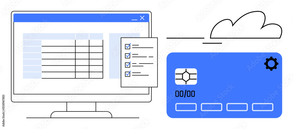 Aufkleber computer screen displaying data spreadsheet with checklist overlay, blue credit card with settings g