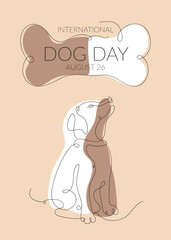 International Dog Day card design with a line art dog silhouette. Minimalistic template with a one-line dog and space for text.