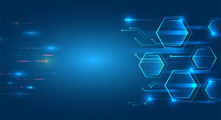 Geometric futuristic concept. Abstract technological background consisting of hexagons, circuit board and glowing stripes on blue background. Suitable for high-tech presentations and banners.