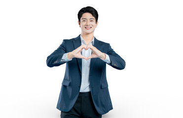 professional in a suit makes a heart gesture with his hands, perfect for concepts of charity, health, and customer care.
