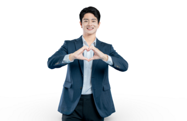 professional in a suit makes a heart gesture with his hands, perfect for concepts of charity, health, and customer care.
