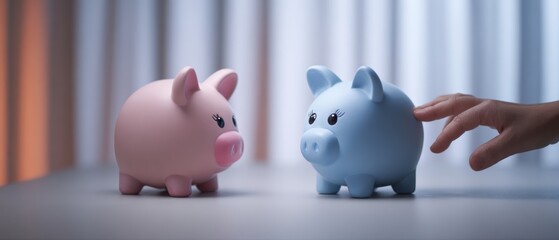 The playful interaction between pink and blue piggy banks on a table