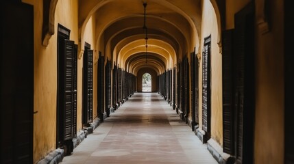 Arched Hallway with Dark Shutters and Distant Light, Symmetrical Architecture