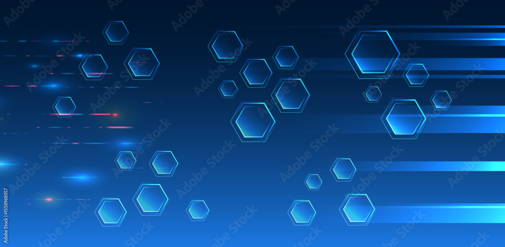 Poster Abstract technological background consisting of hexagons and glowing stripes on a blue background. Suitable for high-tech presentations and banners. Geometric futuristic concept.