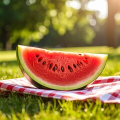 Freshly cut watermelon on a picnic blanket in a sunny park during summer afternoon
