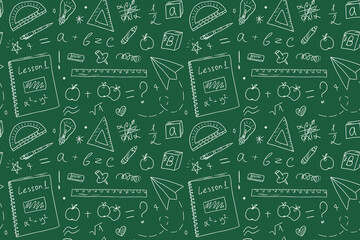 Seamless pattern with school drawings on a blackboard background. Background for school textbook covers, textiles, and stationery, Back to School concept. Sloppy sketches in a notebook