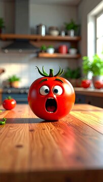 Naklejki Funny surprised tomato in a bright kitchen surrounded by fresh vegetables