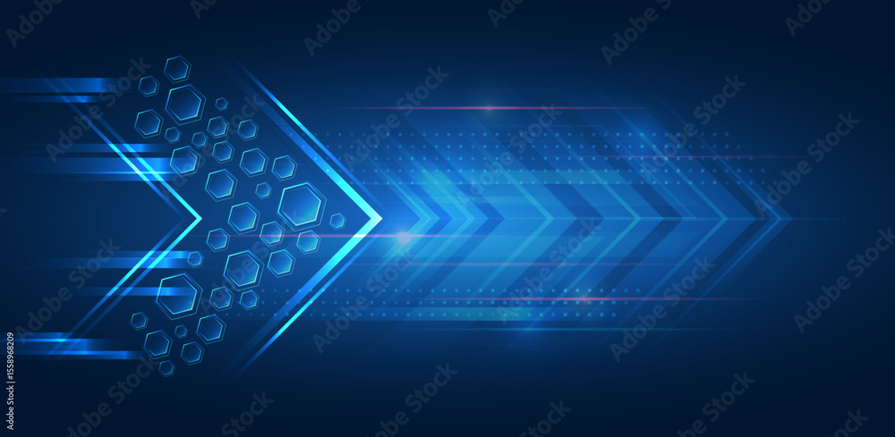Poster Futuristic blue background with hexagons and directional arrows symbolizes forward movement, technology, progress and digital transformation. Hi-tech background for presentation and banners.
